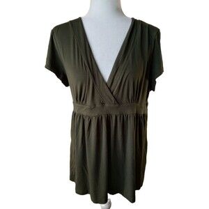 Banana Republic Long Shirt Women's XL Dark Green V-Neck Cap Sleeve Stretch Top